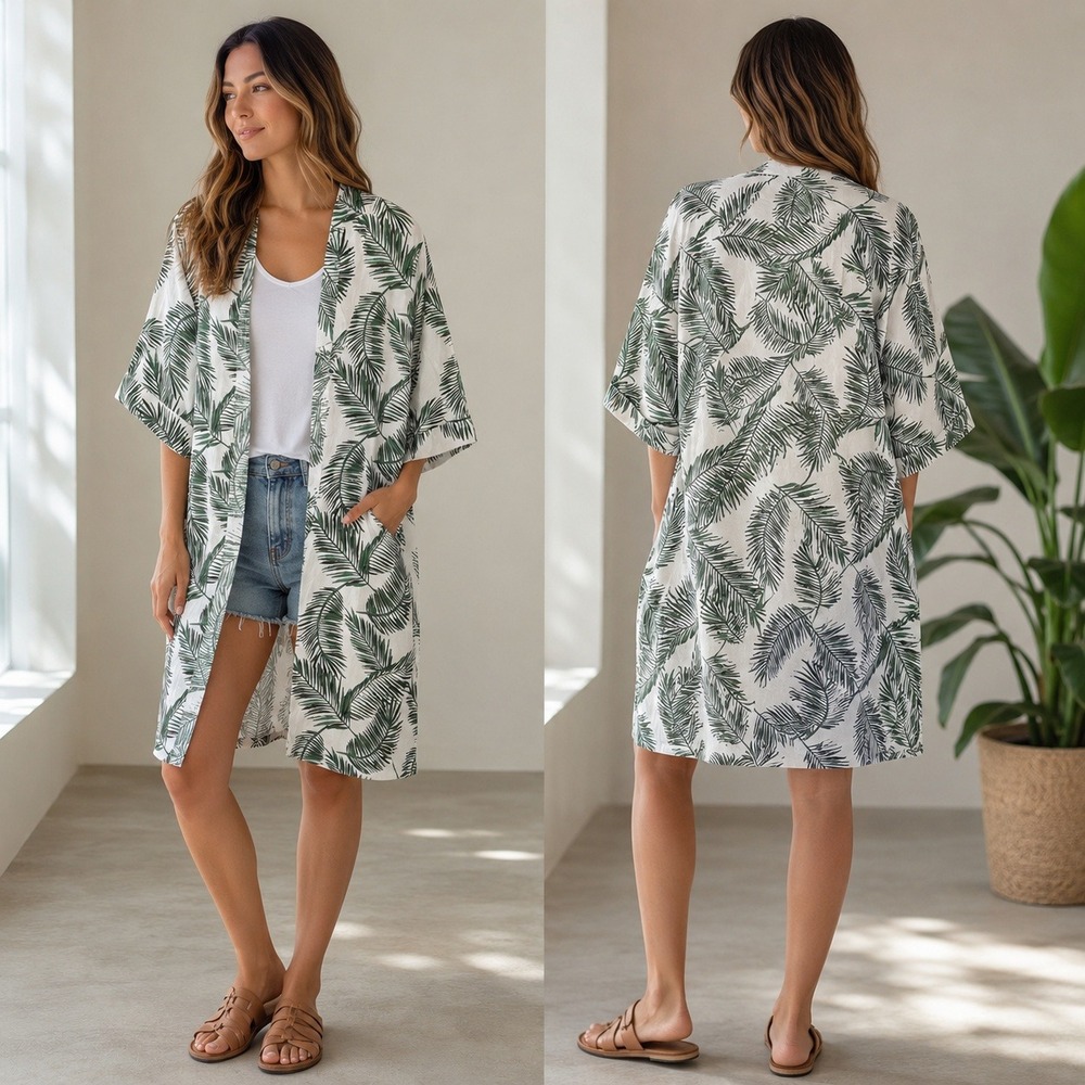 Tropical Palm Print Kimono Cardigan Green White Open Front Beach Cover Up OS